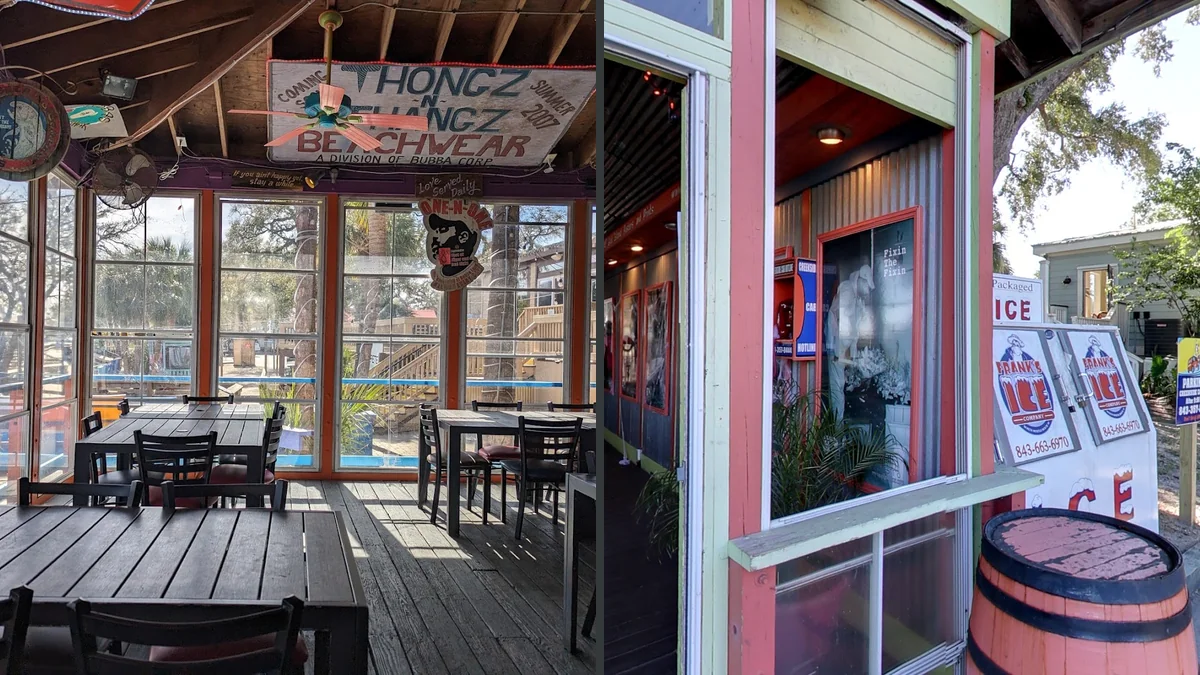 Patio seating beside a casual seafood restaurant.